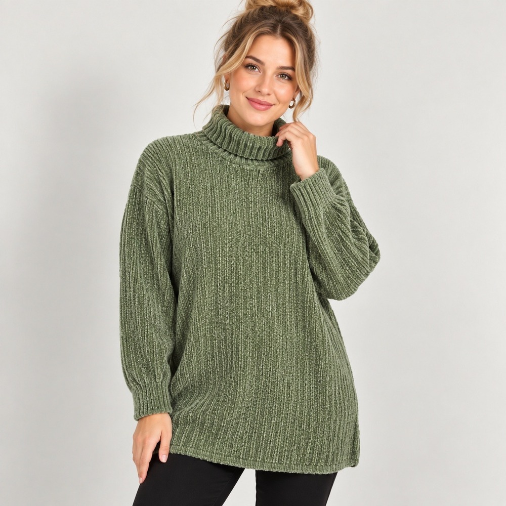 Vintage 90s Express Tricot Chenille Turtleneck Sweater L Sage Green Oversized